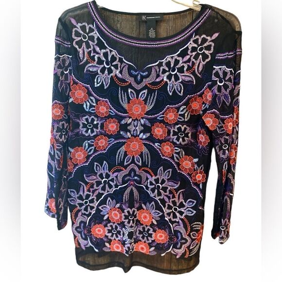 INC Sz M Black Purple Heavy Embroidered Front Design Sheer Overlay Tank Top - Picture 1 of 7